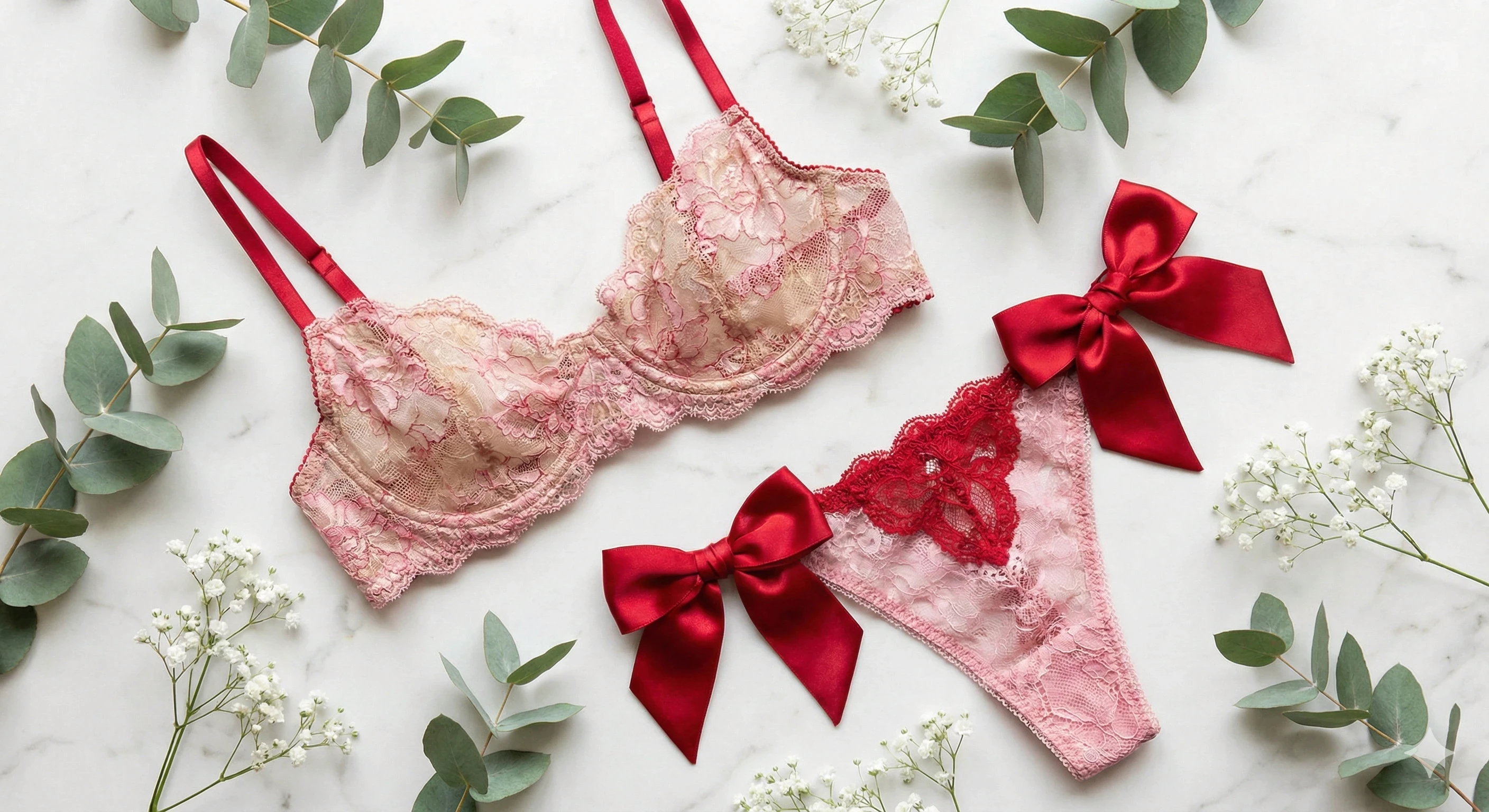 Pink lace lingerie set styled flat with red satin bows and greenery.