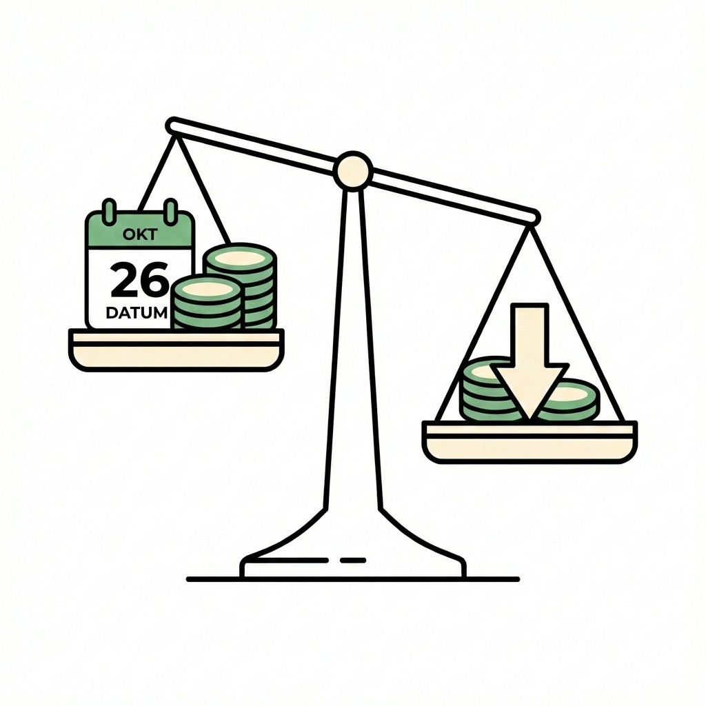 Eine Waage zeigt links einen Kalender (26. Okt) mit Münzen. Die rechte Seite mit Münzen und einem Pfeil nach unten wiegt schwerer.