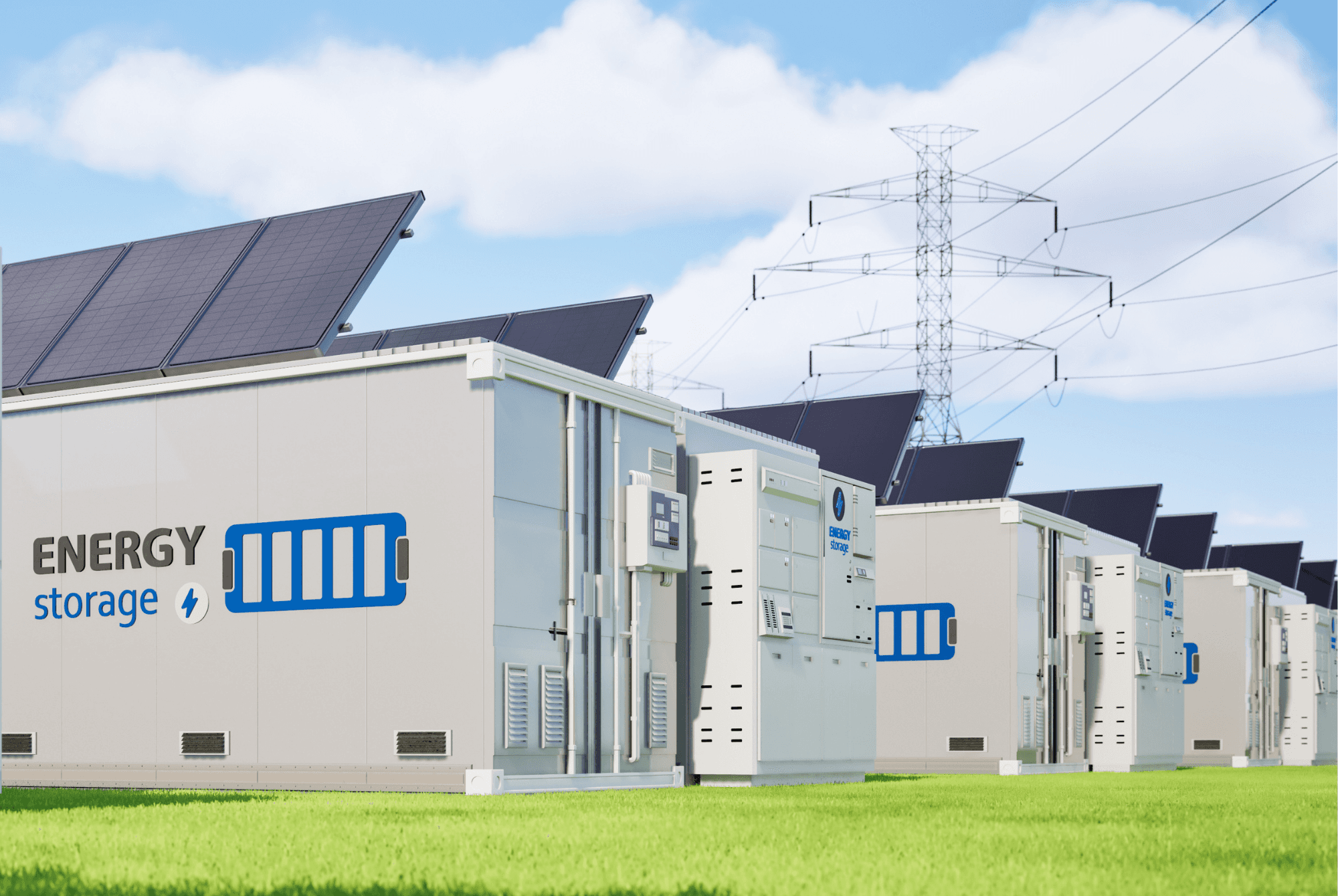 An array of commercial energy storage systems and solar panels, with a transmission tower in the background