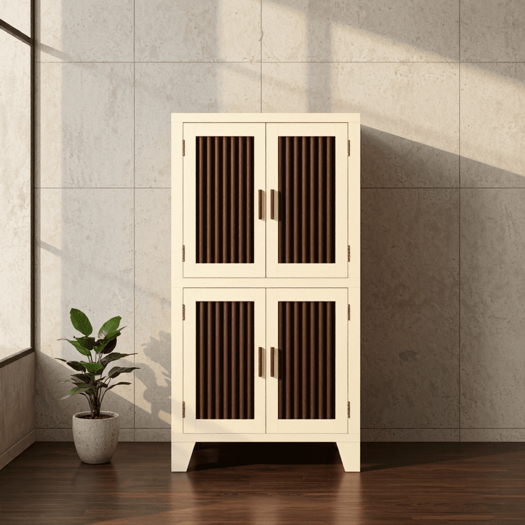 product photography of a stackable storage cabinet with four compartments