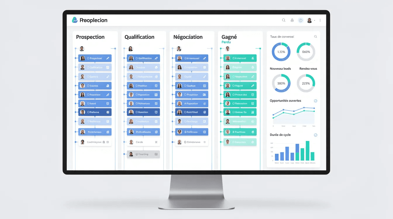 L'image représente un tableau de bord CRM, affichant des colonnes de pipeline commercial et divers indicateurs de performance. Ce tableau permet aux entreprises de visualiser et de gérer efficacement leurs opportunités de vente et leurs relations clients.