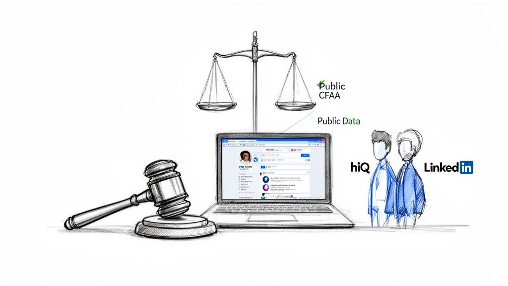 Legal battle over public data scraping, featuring scales of justice, gavel, laptop, hiQ, and LinkedIn.