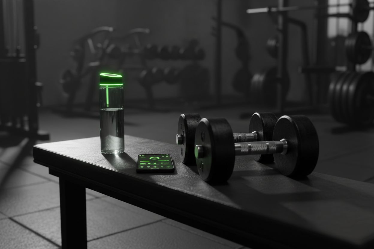 A smartphone next to dumbbells and a water bottle on a gym bench