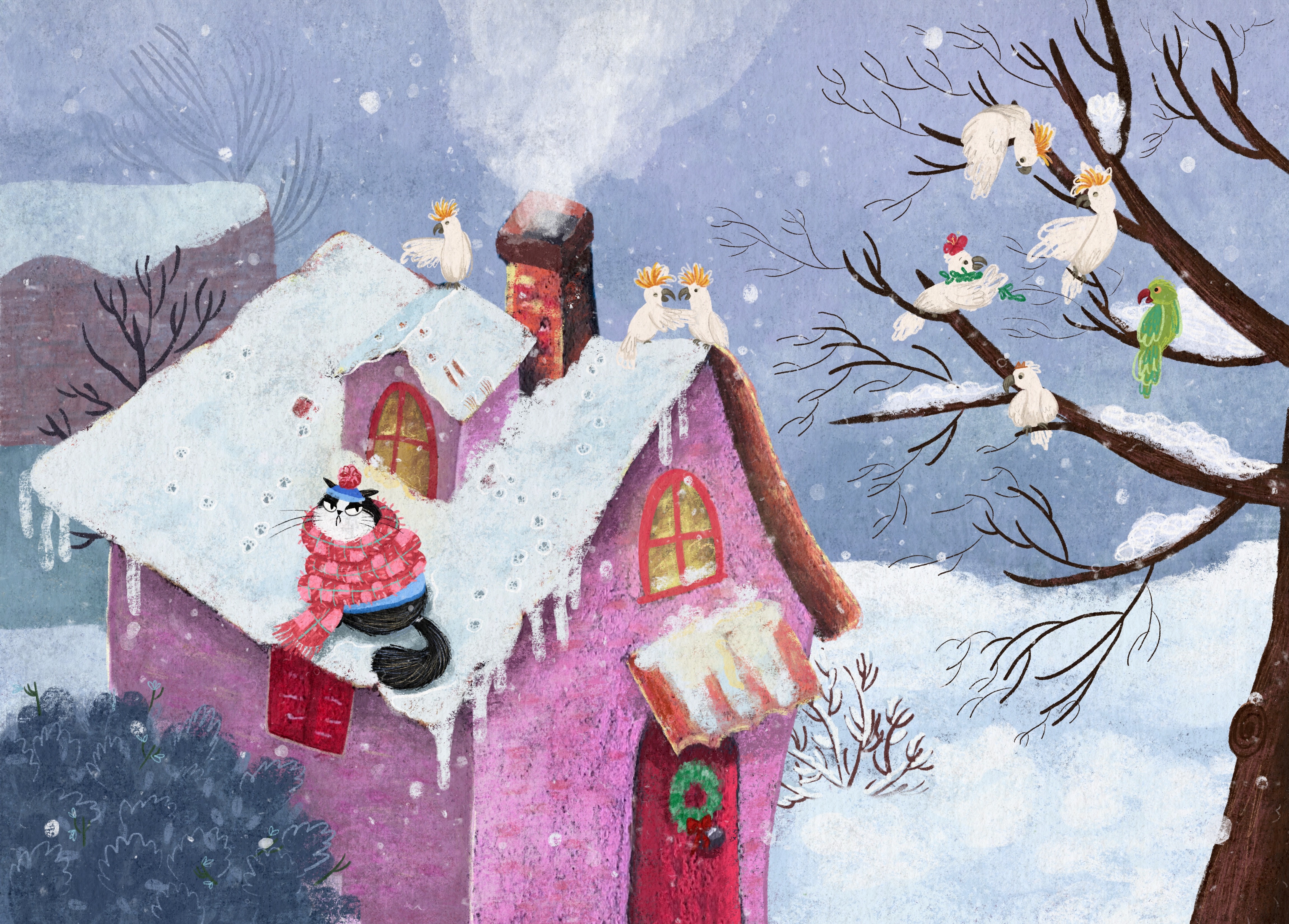 An angry cat on a pink rooftop as cockatoos tease him while snow falls on a bare tree.