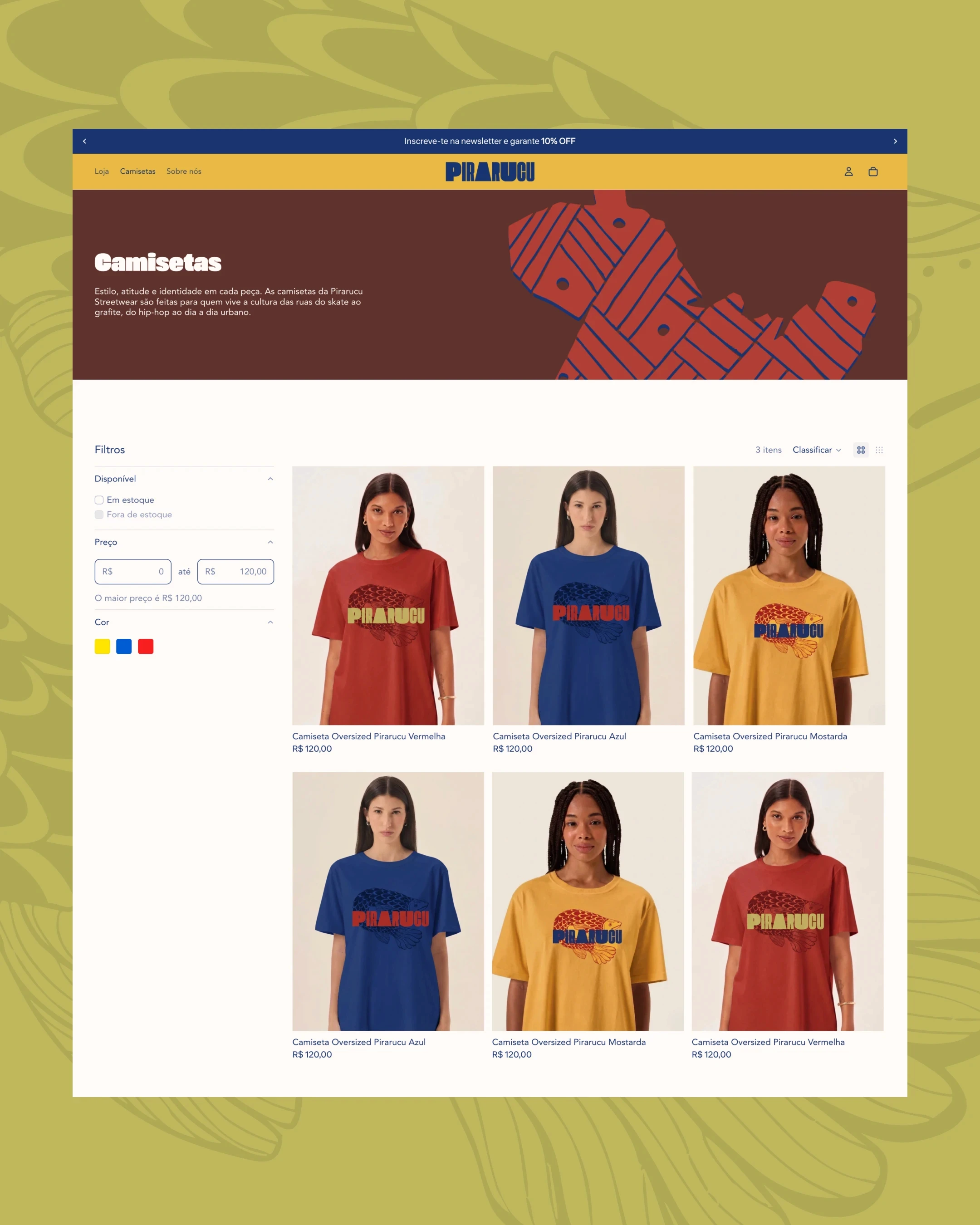 Mockup de e-commerce desenvolvido pela Milan Design Studio para Pirarucu, marca de moda do Norte do Brasil.