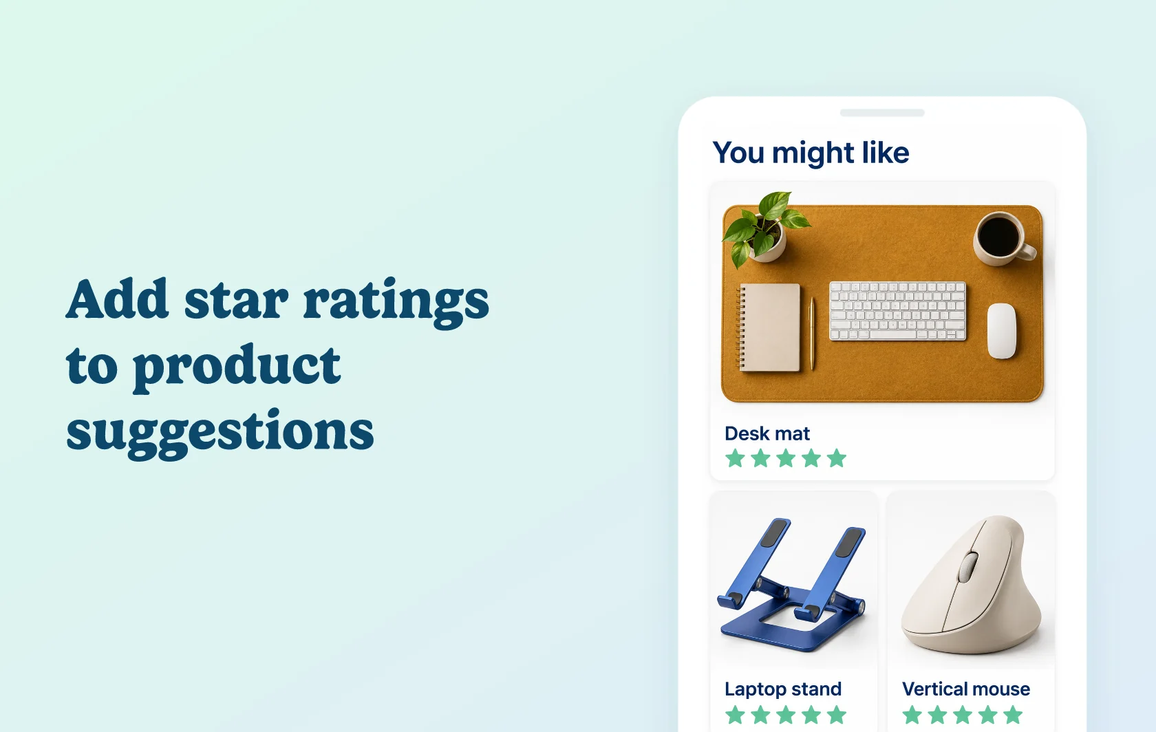 Judge.me and Wiser integration: illustration of product suggestions showing desk accessories with individual star ratings.