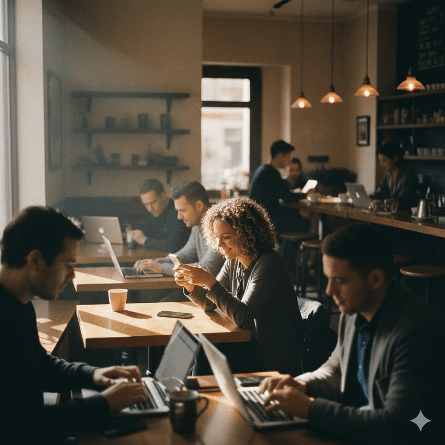 Busy coffee shop with customers using laptops and smartphones, connected to WiFipaysyou device providing high-speed Wi-Fi.