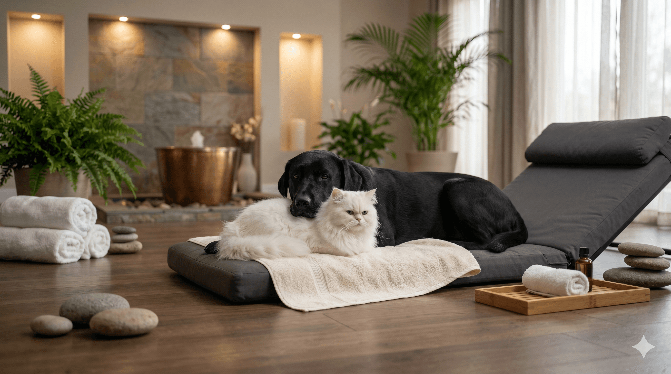 Dog and cat in a spa setting on a grey couch