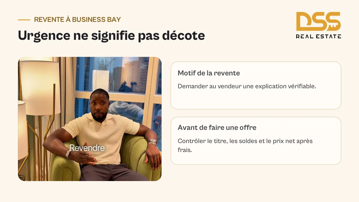 Salimou présente les contrôles d’une revente immobilière à Business Bay : motif vendeur, titre, soldes et frais