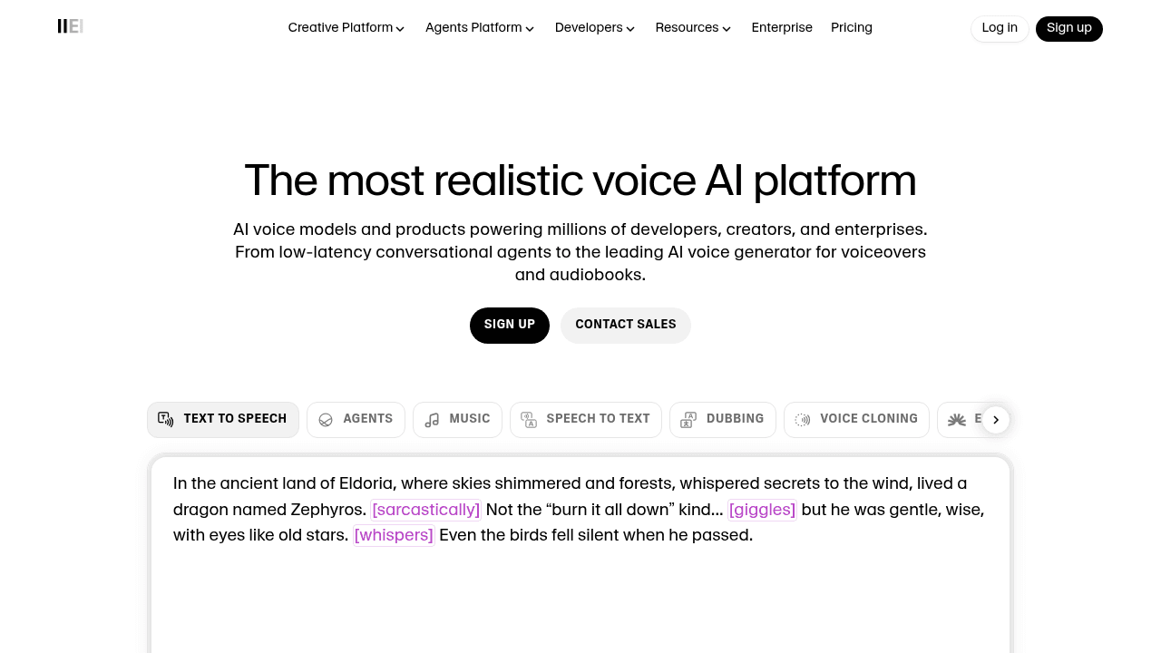 ElevenLabs Scribe Spanish speech to text transcription service homepage featuring AI-powered audio processing capabilities