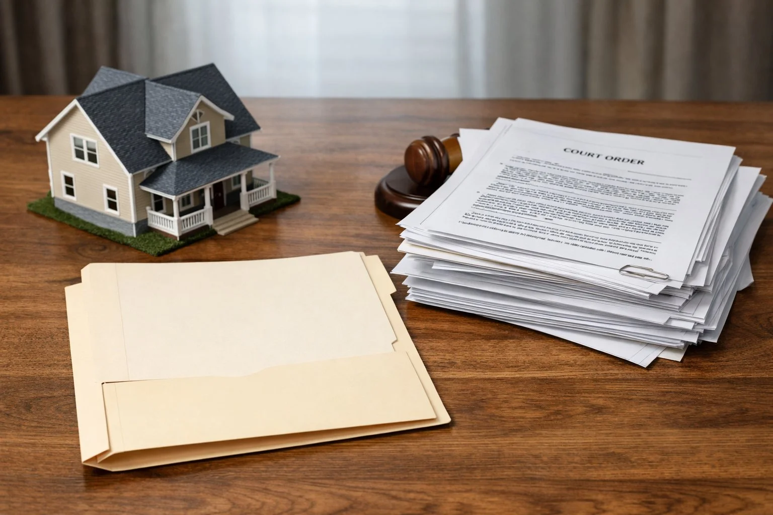 House with an empty document folder and stacked legal paperwork nearby, symbolizing court-determined distribution.