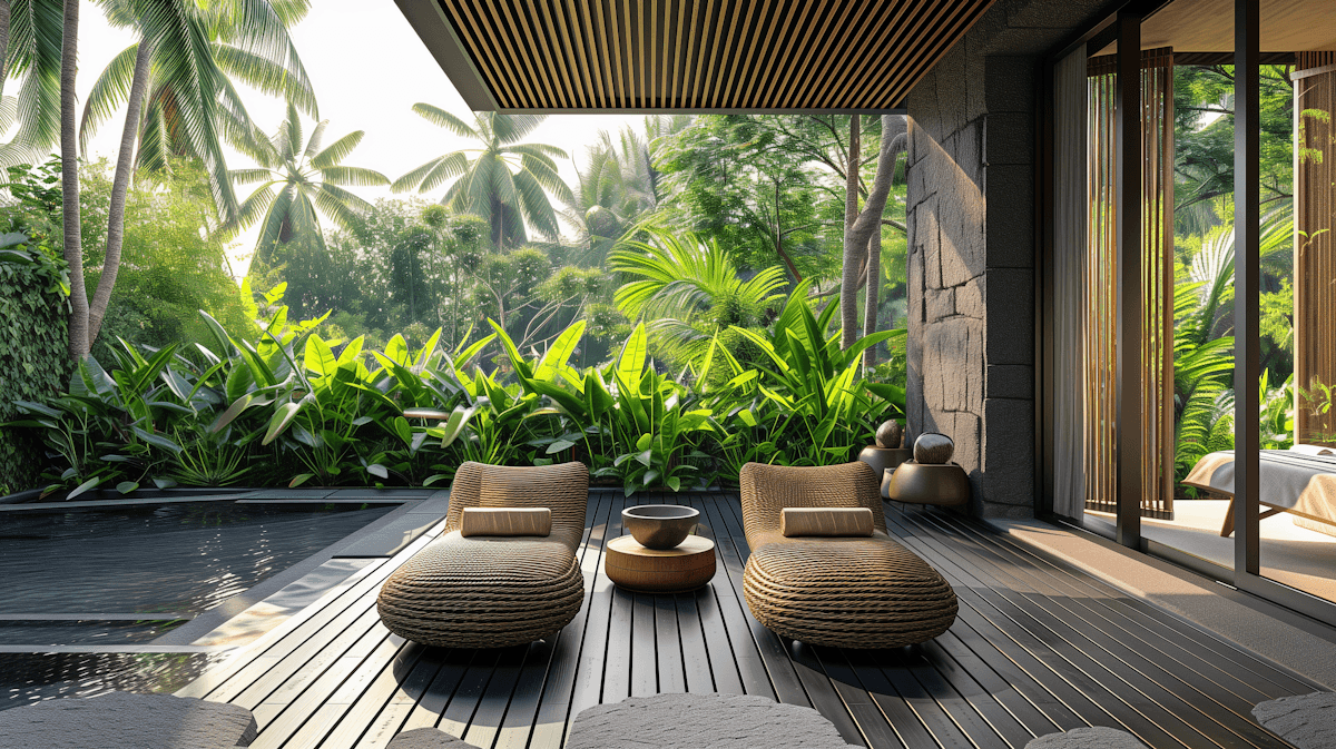 Open-air tropical lounge with wooden seating and lush greenery.
