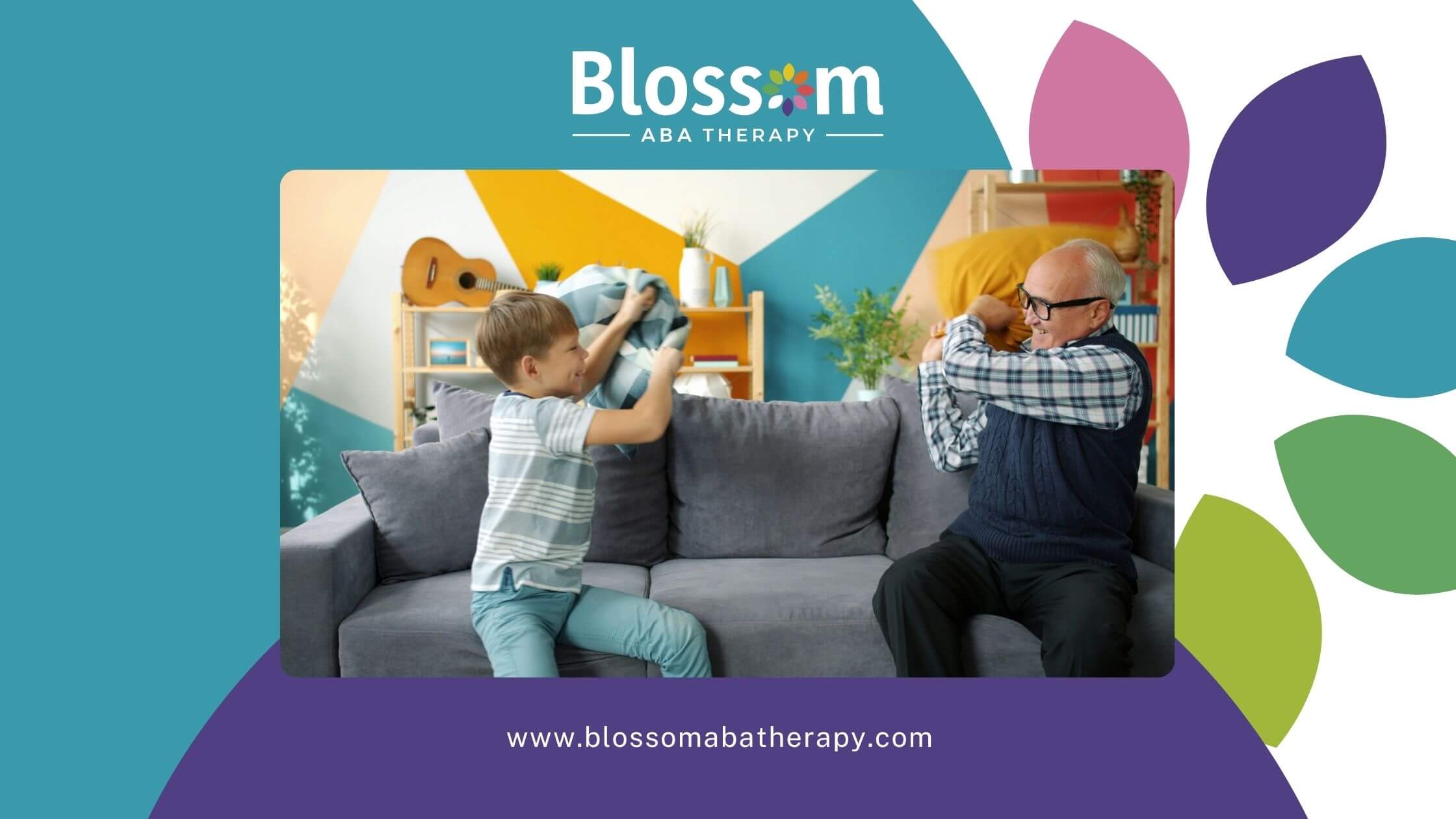 Old ABA therapist and autistic young boy playfully having a pillow fight on a couch after ABA therapy.