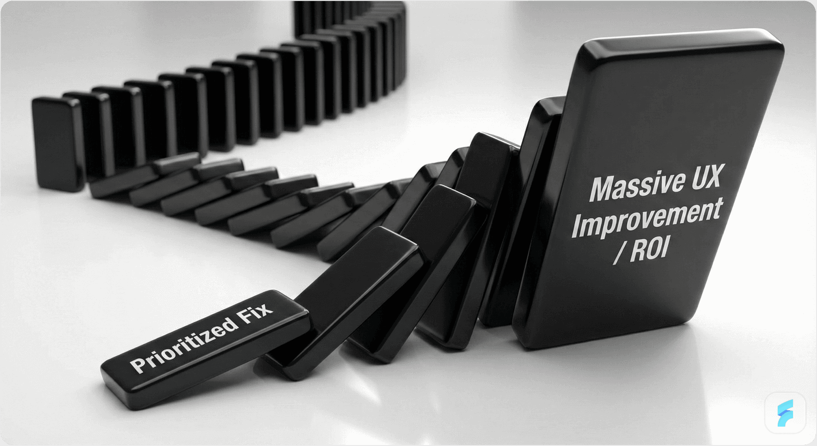 Black dominoes falling in a curve, with a small tile labeled ‘Prioritized Fix’ triggering a much larger tile labeled ‘Massive UX Improvement / ROI’.