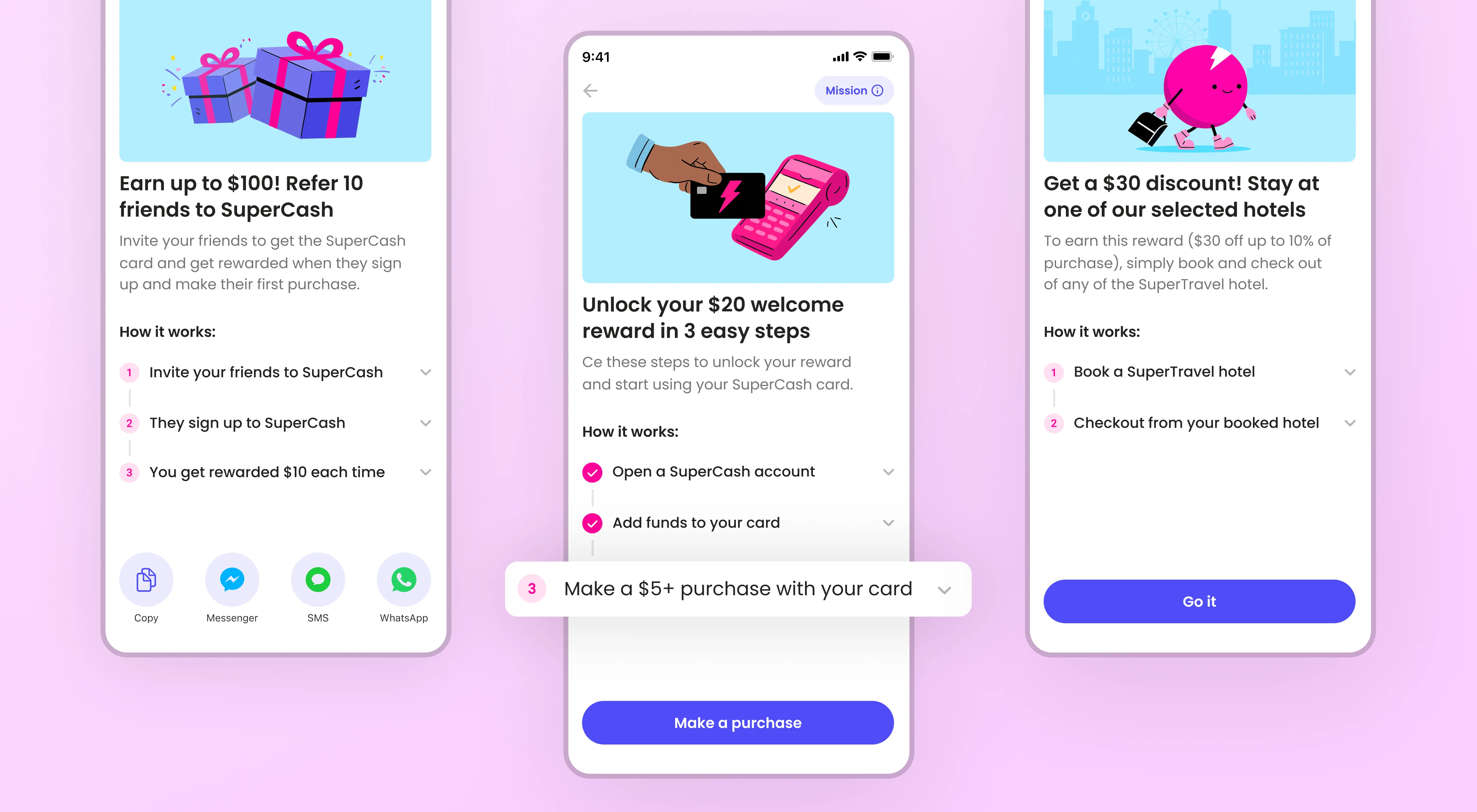 UI mockup of Super.com’s Missions showing three task-based rewards — refer friends, make purchases, and book hotels — illustrating the scalable design of the new mission-based rewards system.