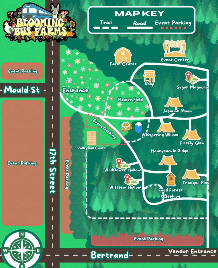 Illustrated map showing the Blooming Bus Farms layout, trails, campsites, bathrooms, and activity areas