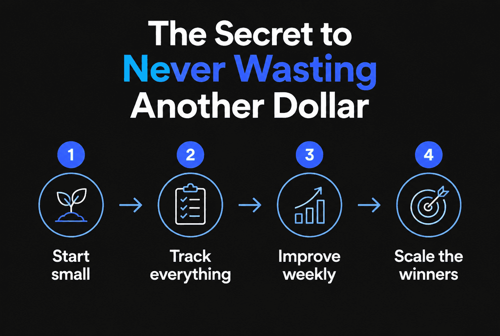 Infographic of the four-step routine for never wasting ad spend: start small, track everything, improve weekly, scale the winners