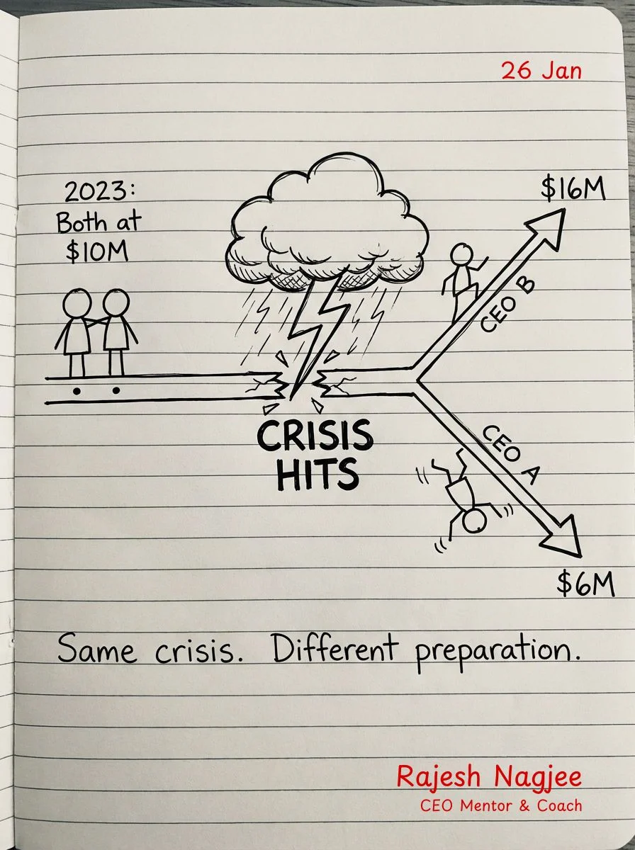 Two CEOs at identical revenue hit the same crisis. One grows to $16M. One drops to $6M. The difference was structural preparation — not capability.