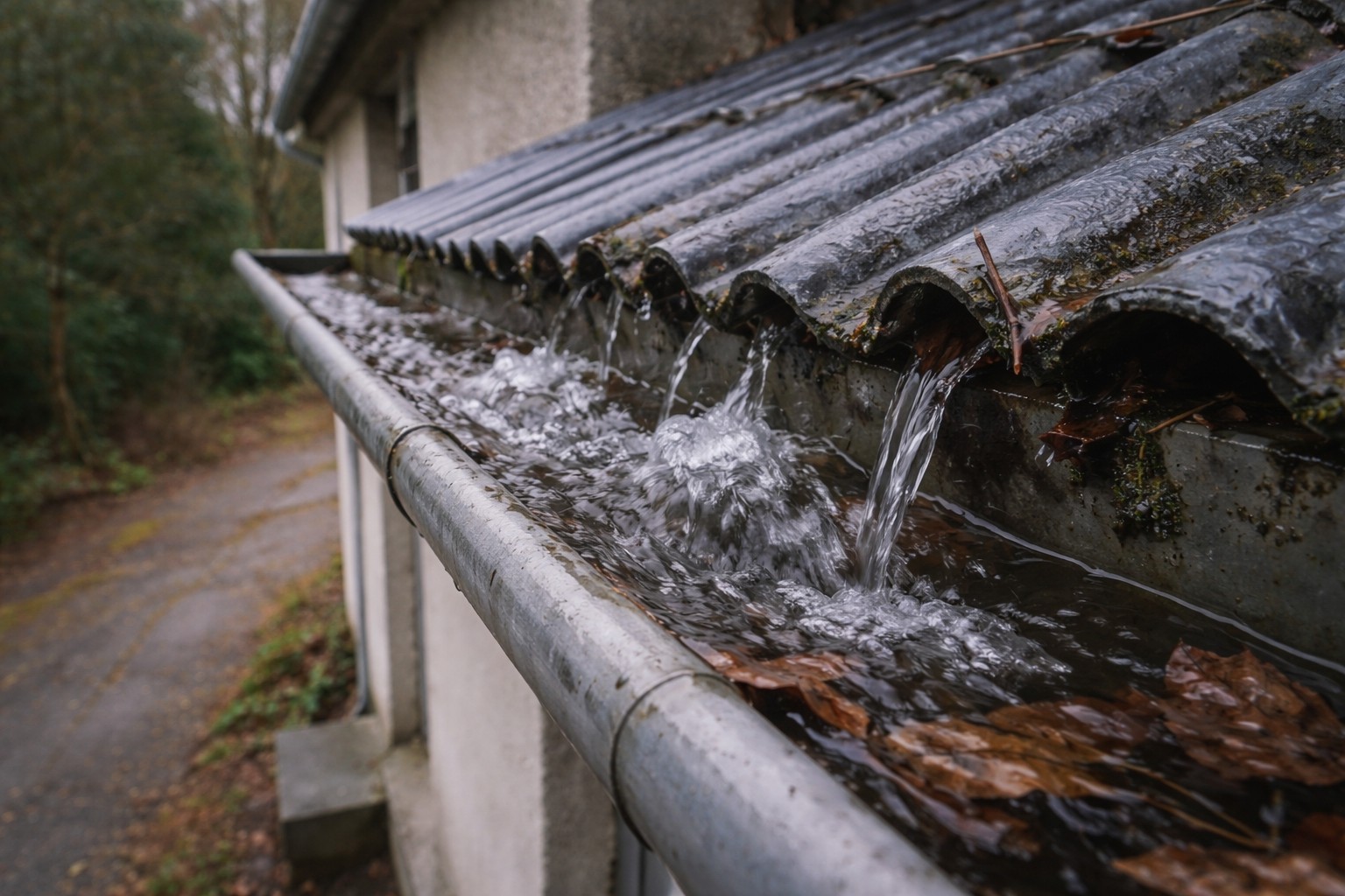 Bruit d’eau dans des chéneaux de toiture encombrés avec écoulement visible sous ciel couvert