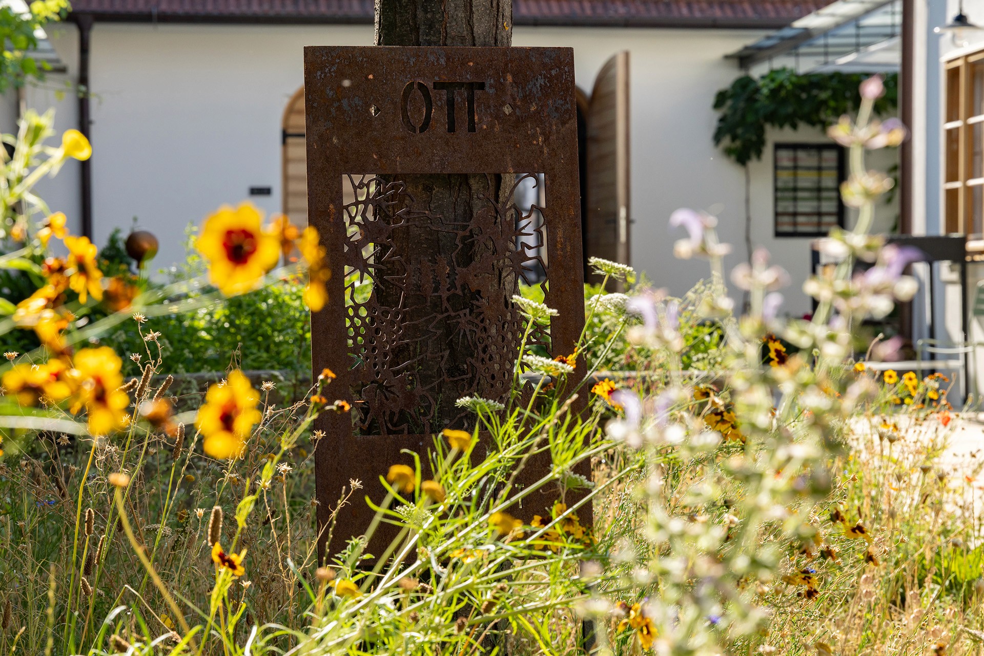 Detail einer artenreichen Blumenwiese mit Insektenpflanzen und dekorativem Metallelement.
