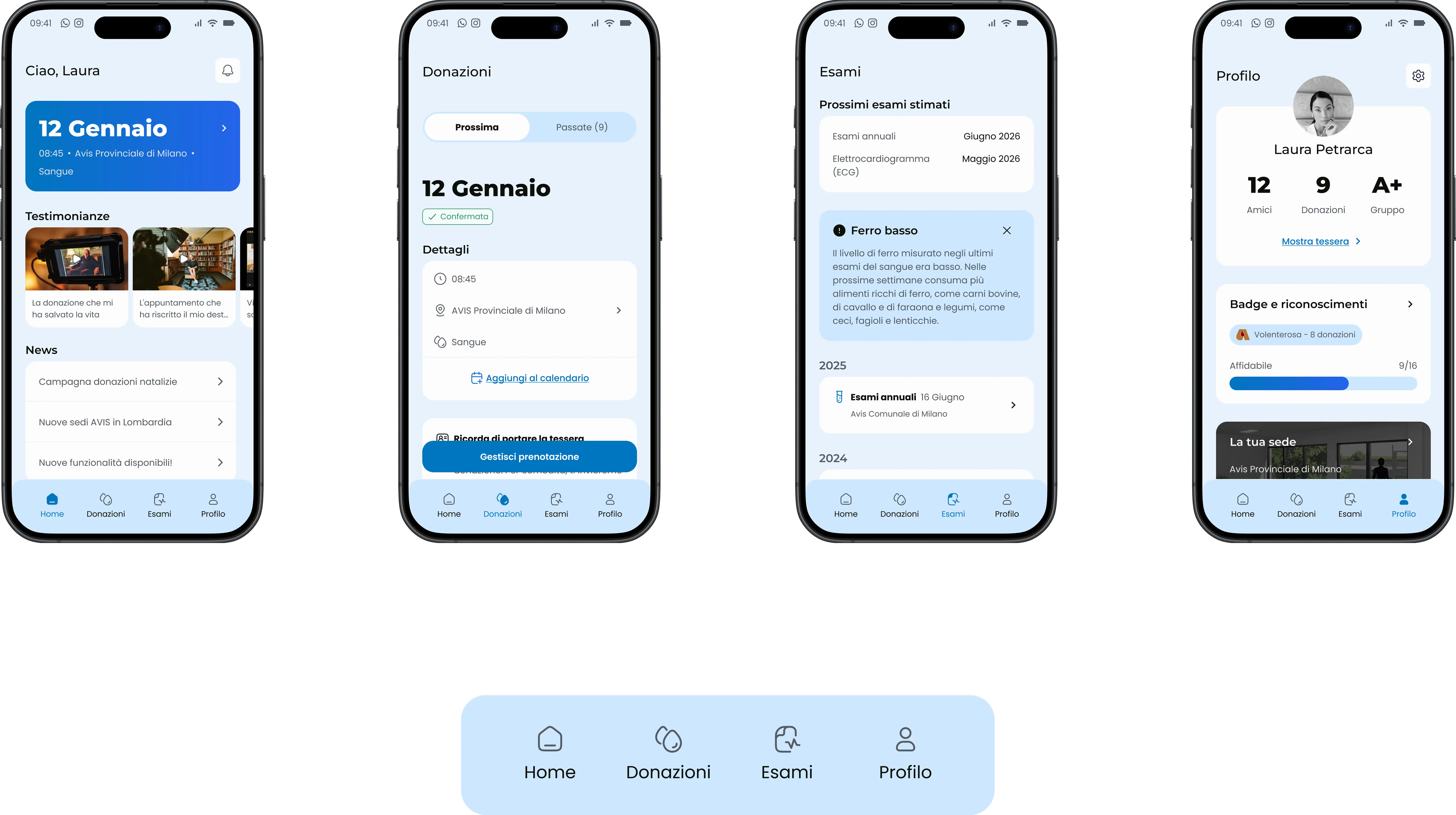 New navigation system: a navigation bar which leads the user to homepage, donation, exams, and profile pages.