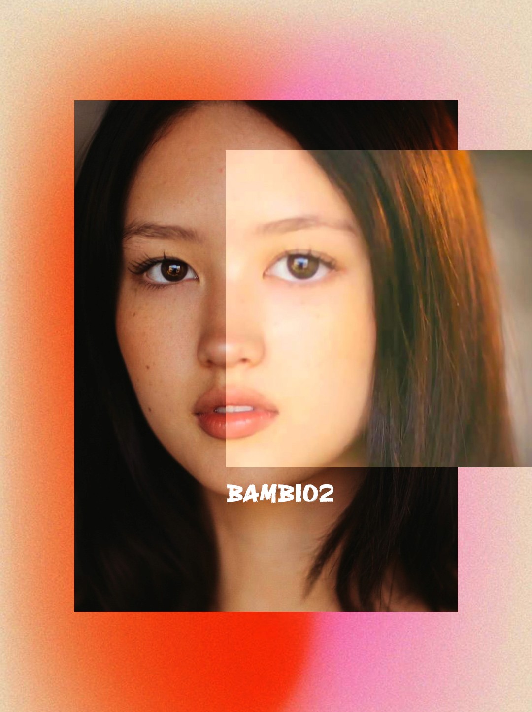 Retrica Face AI BAMBI preset before and after — soft, sunlit look with round eyes, plump cheeks and fuller lips