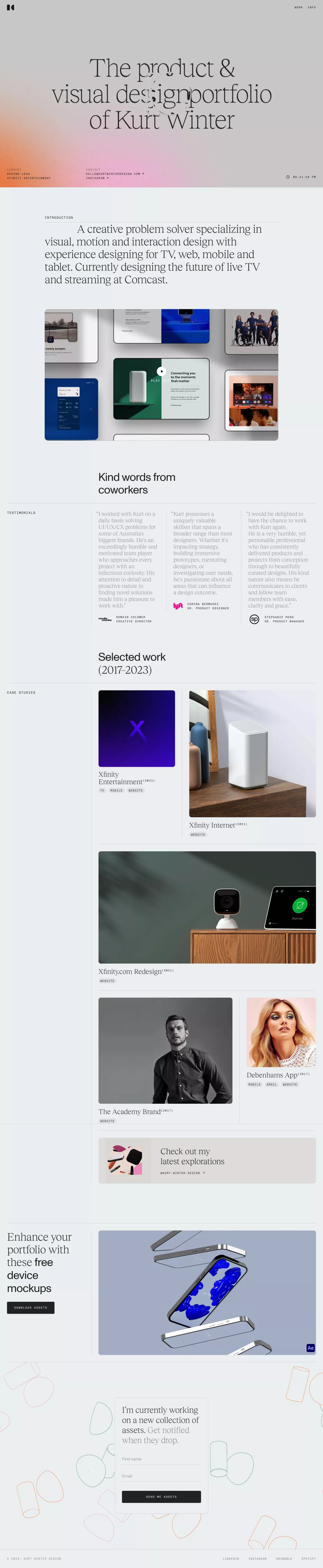 Kurt Winter Portfolio portfolio page screenshot showcasing Design and Tech design
