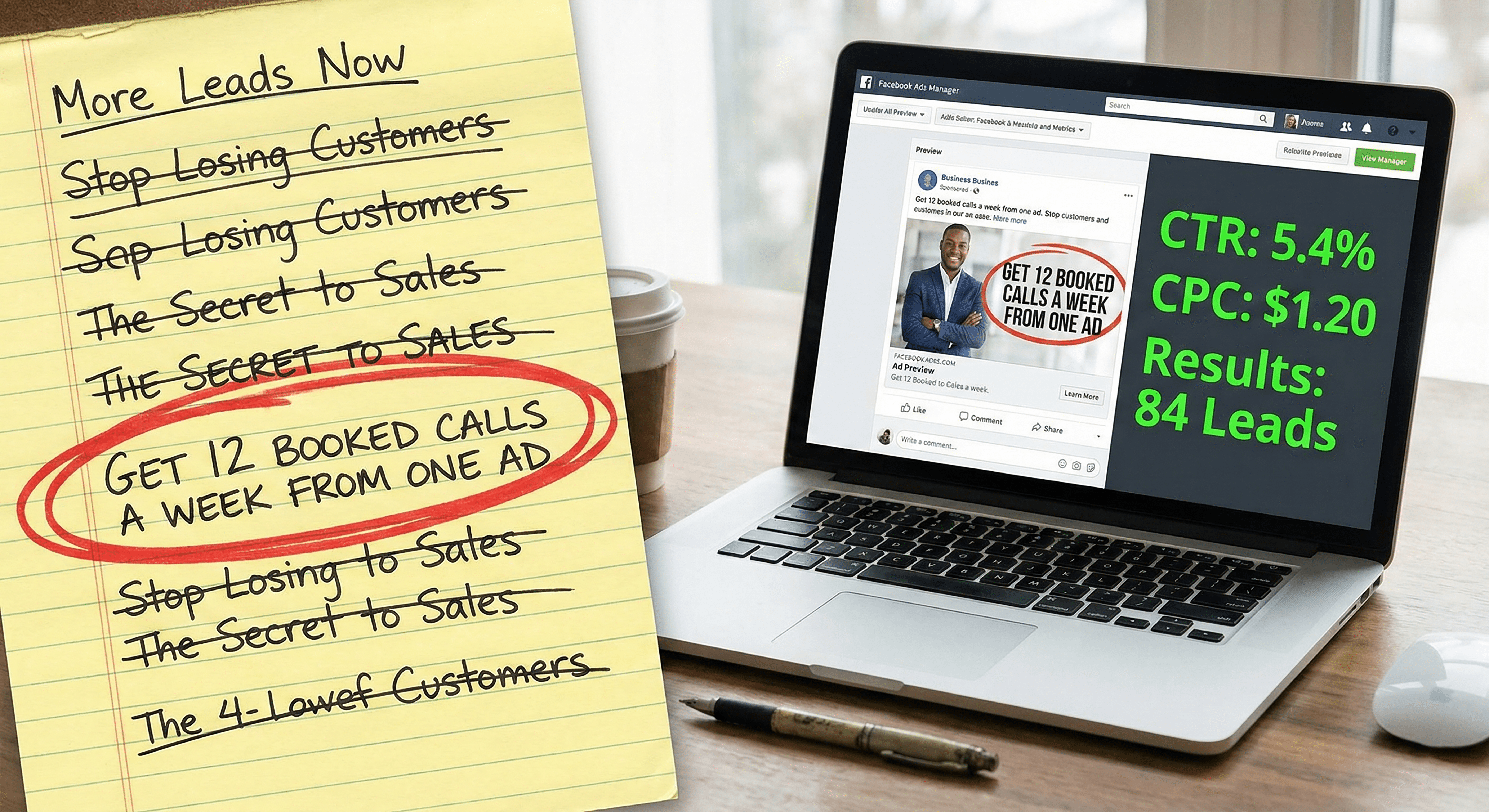 Handwritten headline drafts on a notepad next to a laptop showing a high-converting Facebook ad, illustrating the Ogilvy on advertising rule that headlines account for 80% of success.