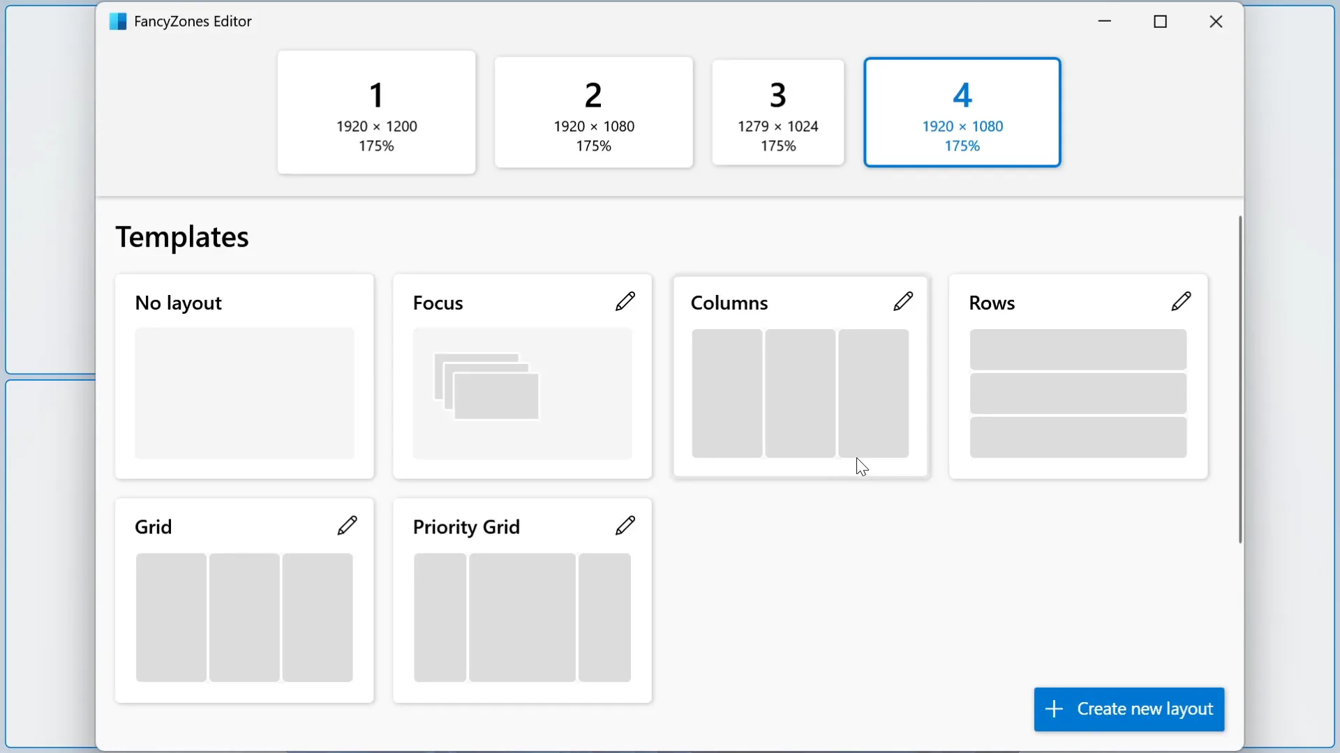 FancyZones Editor showing window-layout templates (Columns, Rows, Grid)