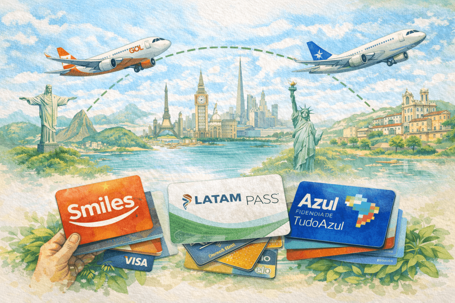 Ilustração em aquarela comparando Smiles, LATAM Pass e Azul Fidelidade, com cartões de milhas e aviões no céu.
