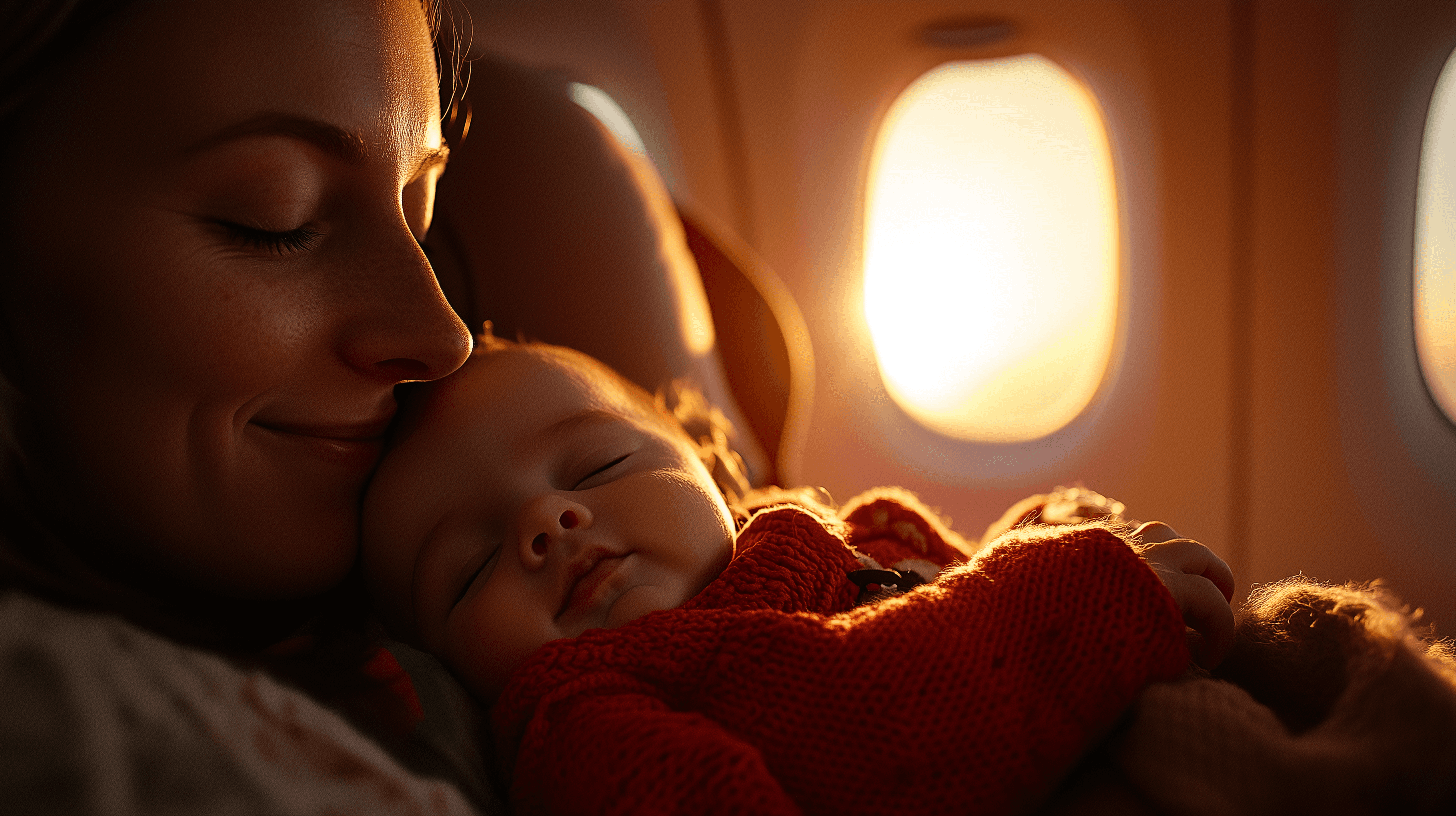  Parent cuddling an infant on an airplane seat during a long flight