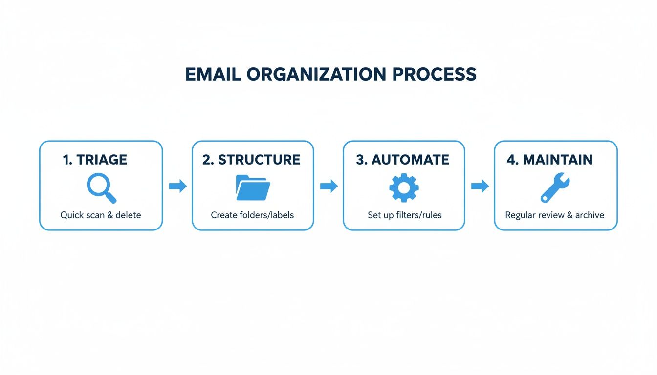 A four-step email organization process: triage, structure, automate, and maintain for an efficient inbox.