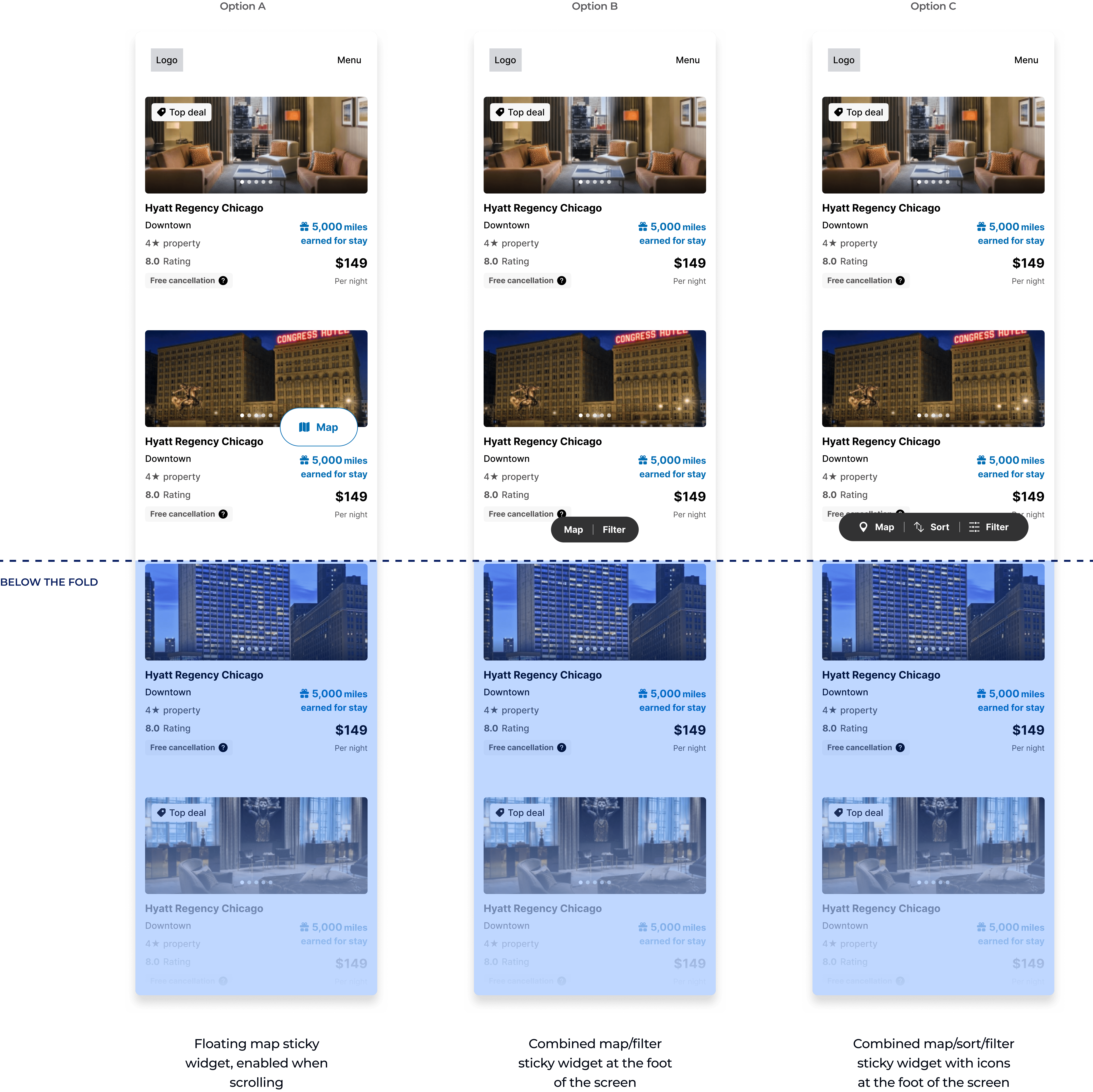 3 different design treatments of how the sort, map and filtering functions could be easily accessed on mobile while scrolling.