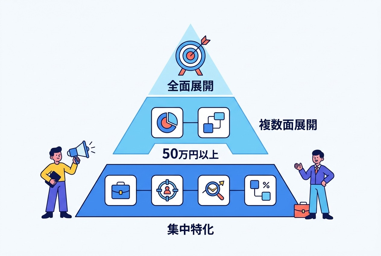 BtoB広告は予算規模に応じて戦略を変える必要がある。月額10万円未満では集中特化、50万円以上で全面展開が基本。無理な多面展開は予算の分散を招く。