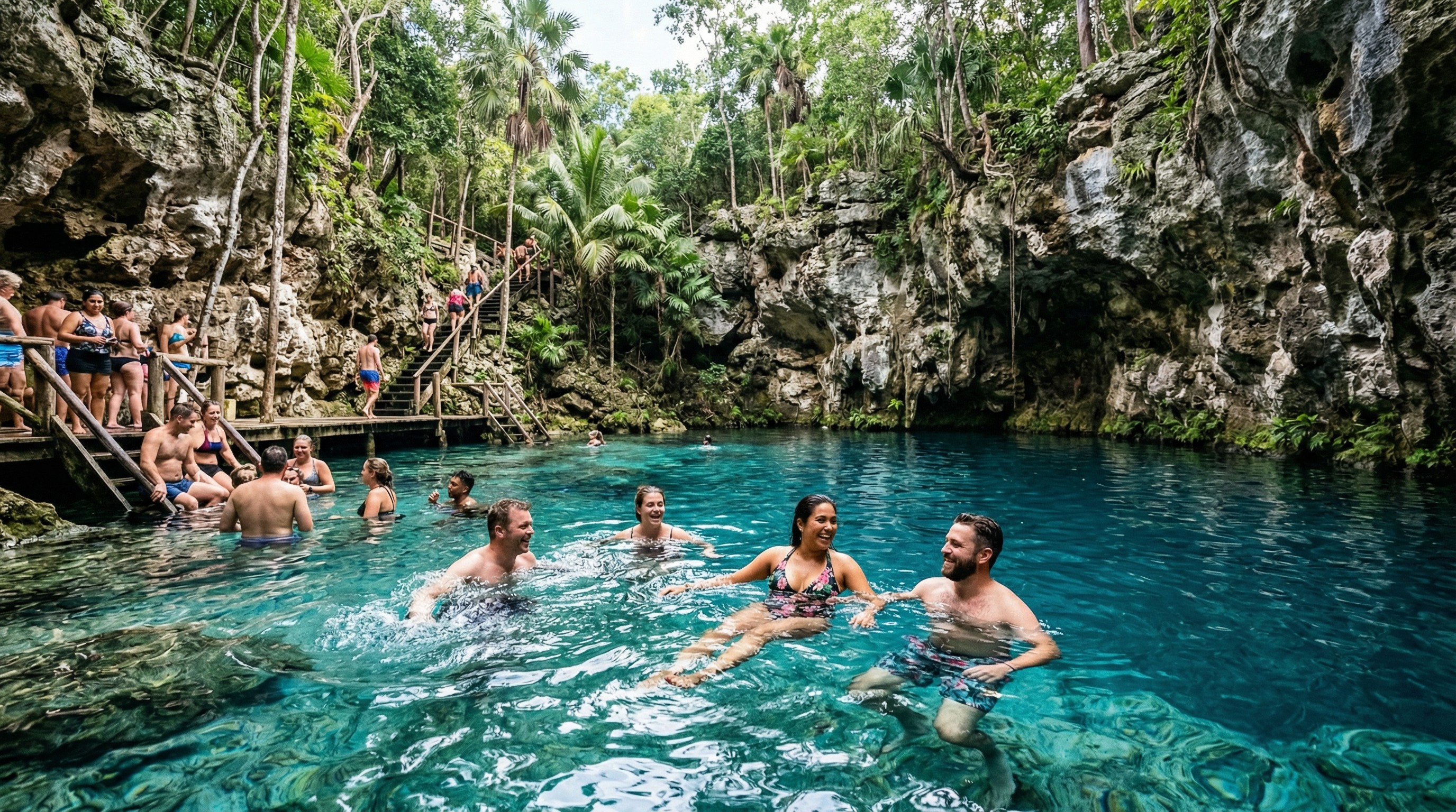 People swimming in a clear blue cenote Blue Lagoon surrounded by rocky cliffs and jungle