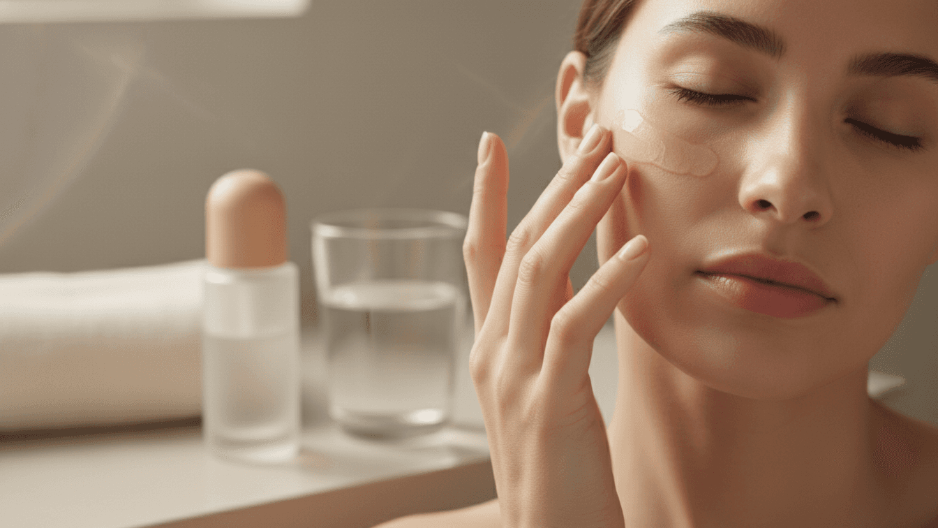 Soft, cinematic close‑up of someone in warm, diffused bathroom light gently smoothing a thin layer of serum over their cheek with fingertips, skin looking calm and slightly dewy, not red or peeling