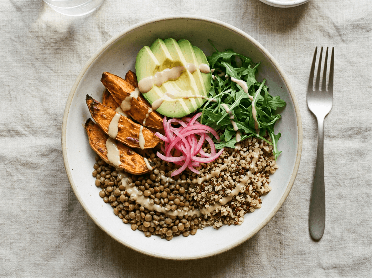 Overhead grain bowl with brown lentils, roasted sweet potato, and avocado