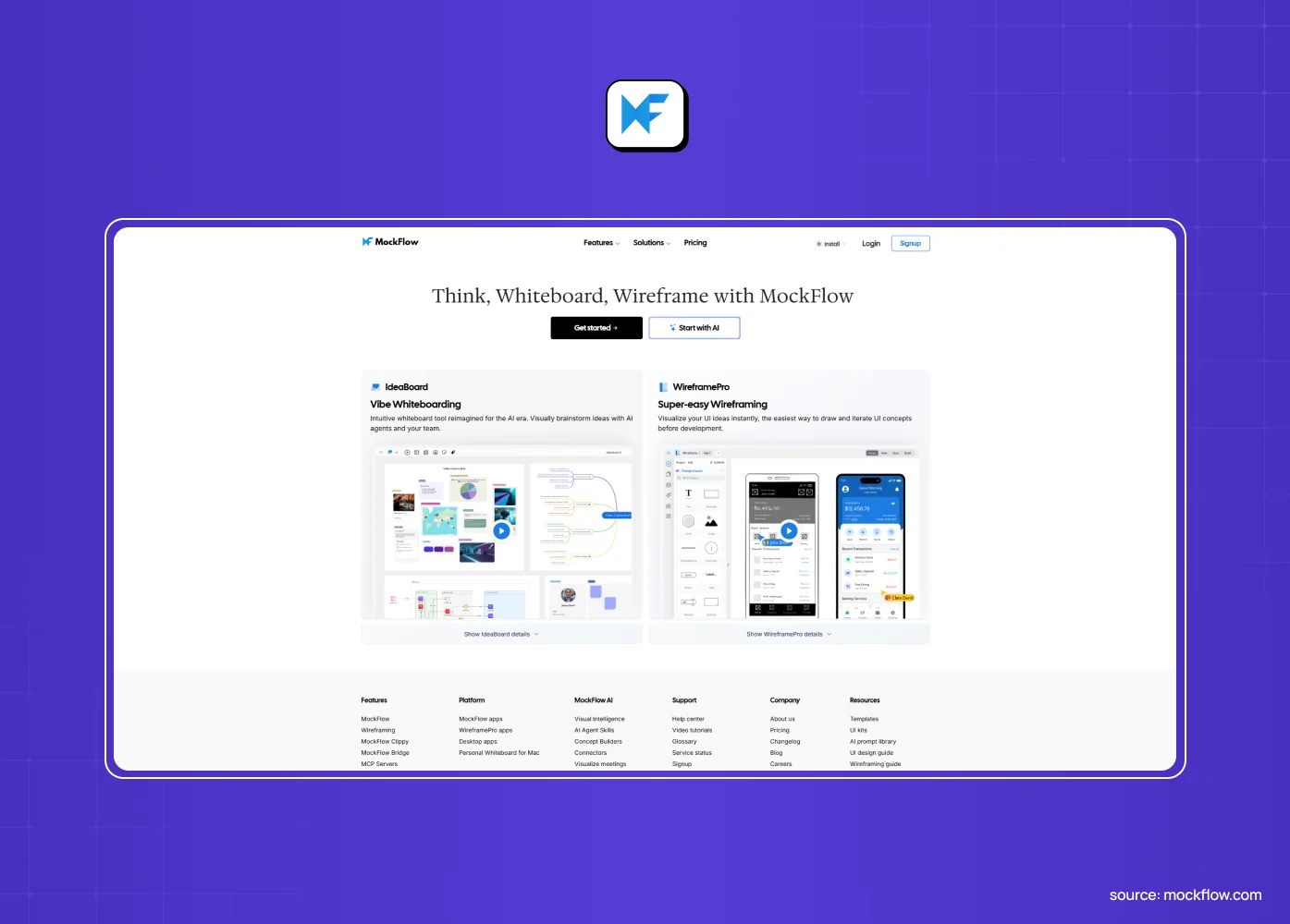 MockFlow homepage screenshot showing the think, whiteboard, wireframe headline above previews of its whiteboarding and wireframing tools.