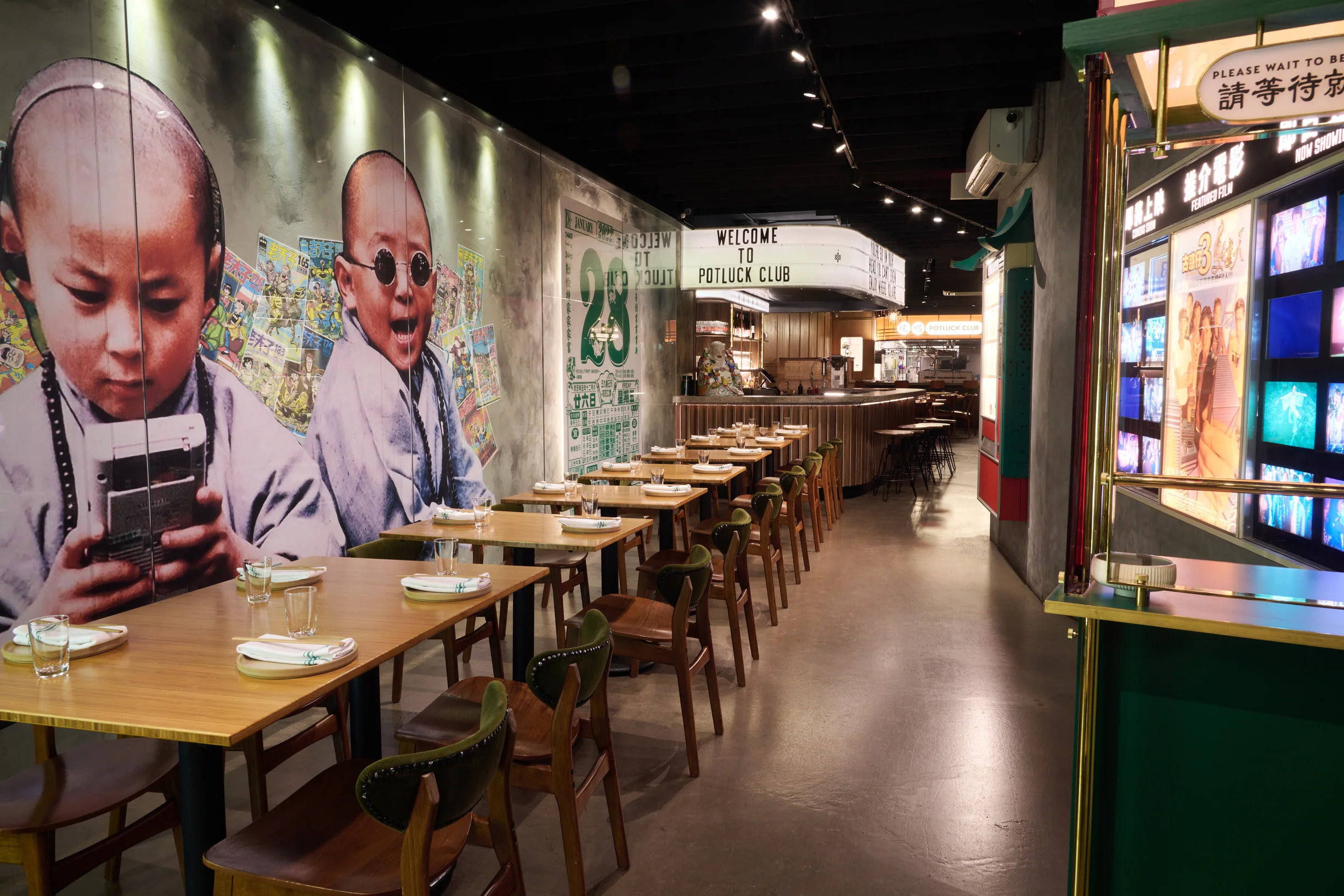 The chic and modern interior of Potluck Club, showcasing a lively atmosphere with nostalgic Cantonese touches and contemporary vibes."