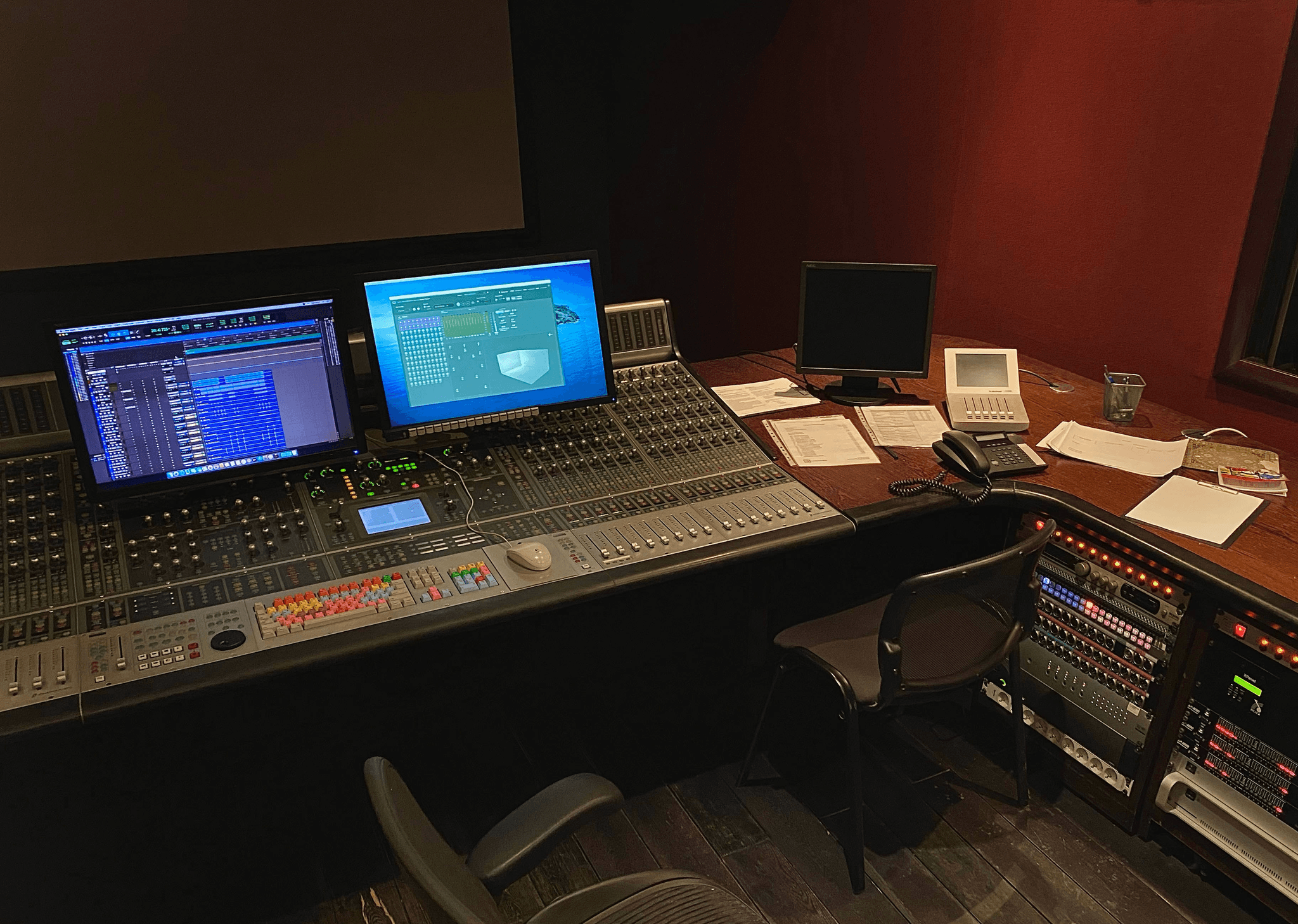 GK Mixing Dolby Atmos Studio Console and Computer Screens