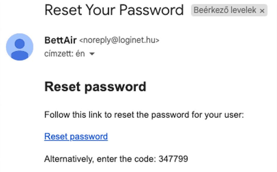 Bettair.life IoT development - Password recovery email