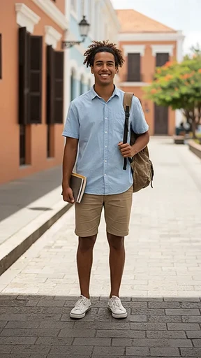 Portrait d'un étudiant de l'ICEA Martinique souriant dans une rue de Fort-de-France, illustrant le bien-être et l'ancrage local de cette école supérieure.