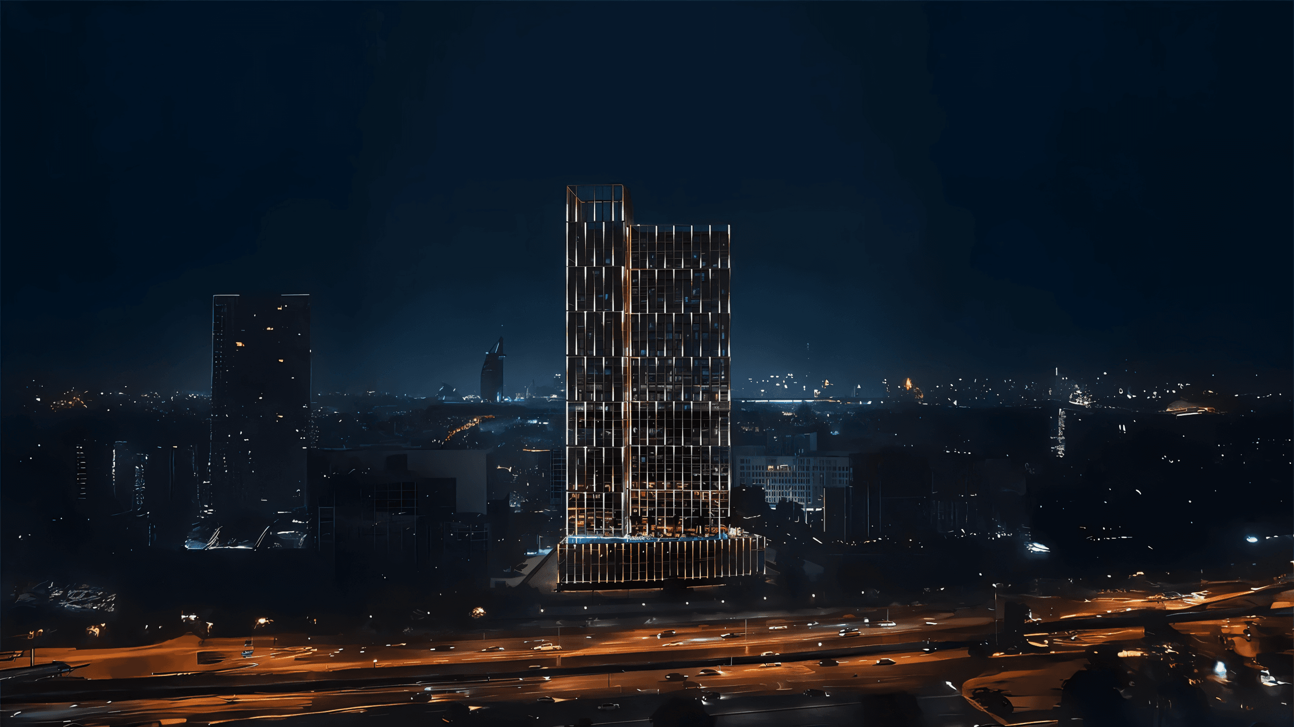  A tall building named Binghatti Vintage, illuminated at night, showcasing numerous windows against a dark sky.