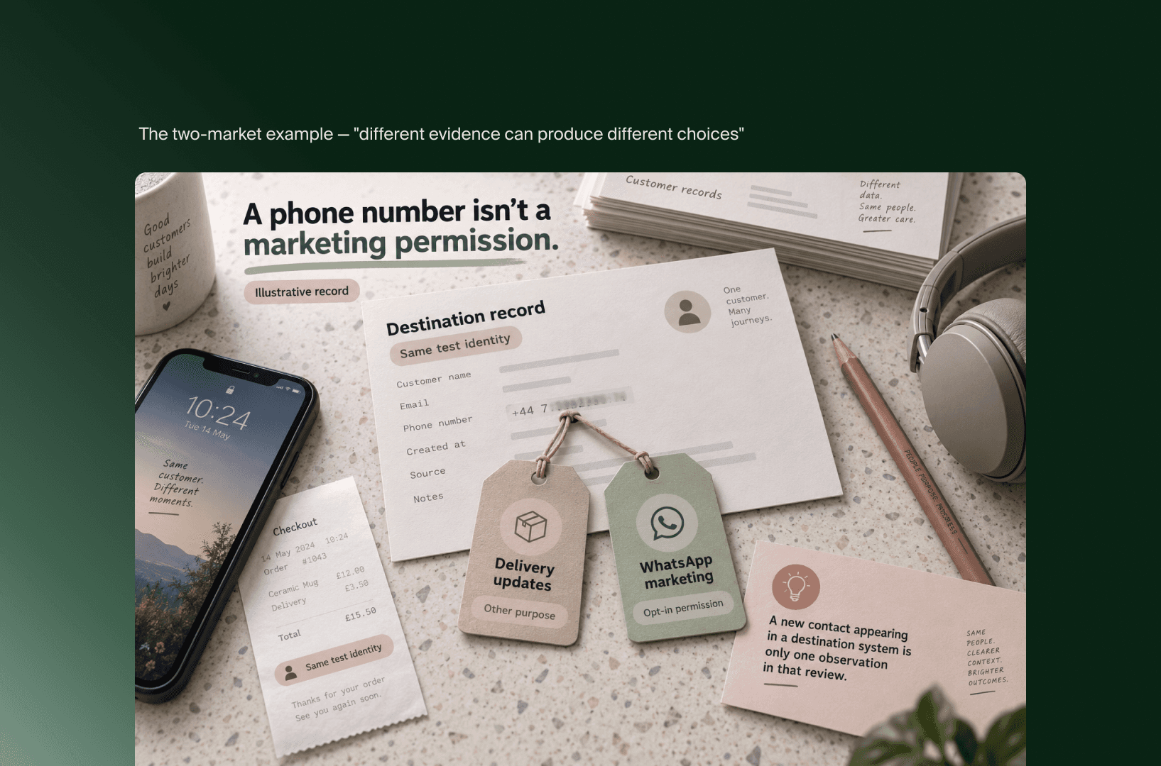 Zieldatensatz mit getrennten Anhängern für Lieferupdates und WhatsApp-Marketing-Opt-in, daneben ein Checkout-Beleg