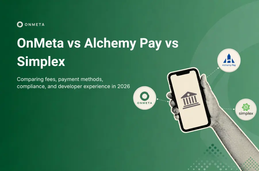 crypto on-ramp comparison showing Onmeta, Alchemy Pay, and Simplex for buying crypto with fiat payment methods