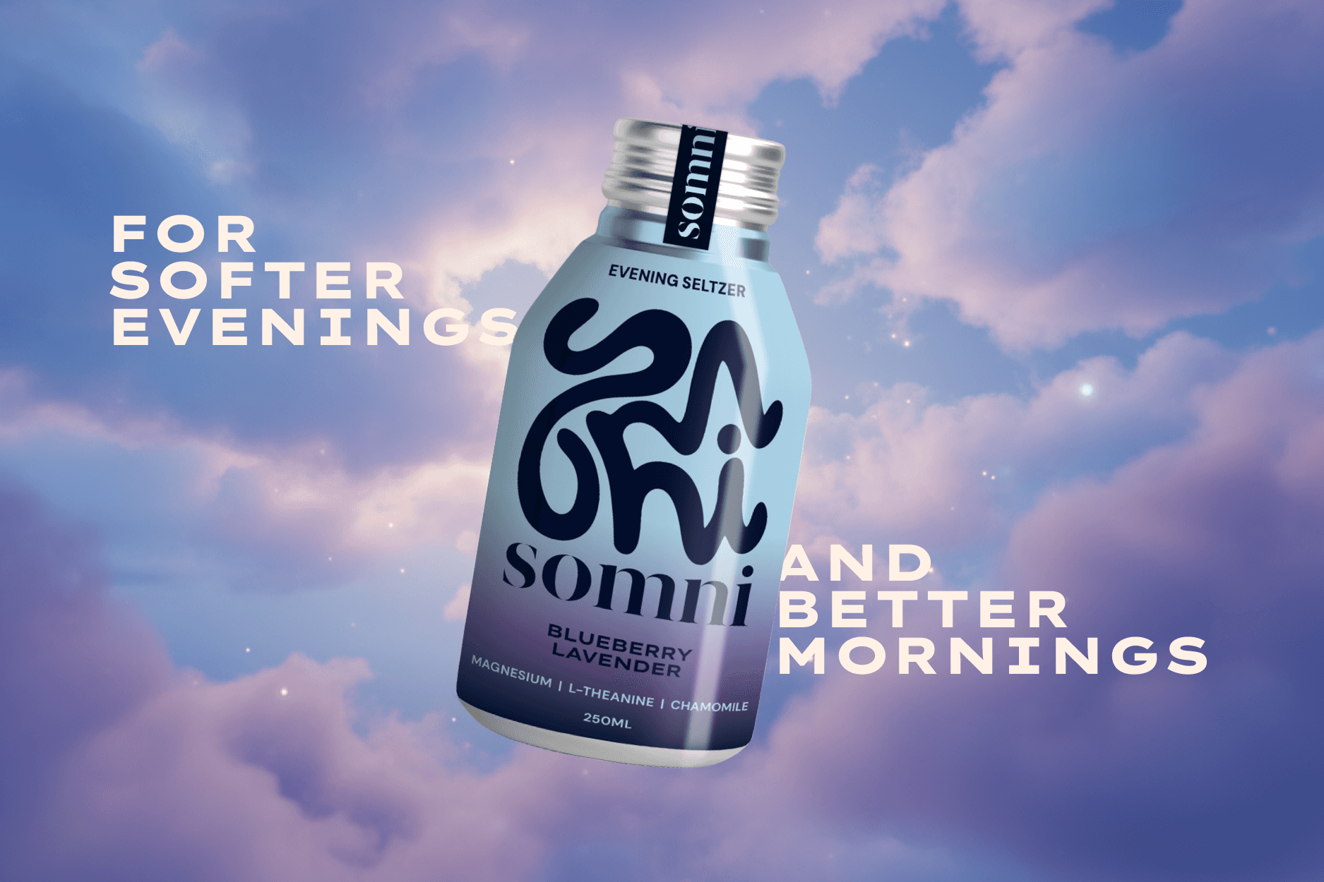 Three bottles of Somni Evening Seltzer sitting on a table at a rooftop party