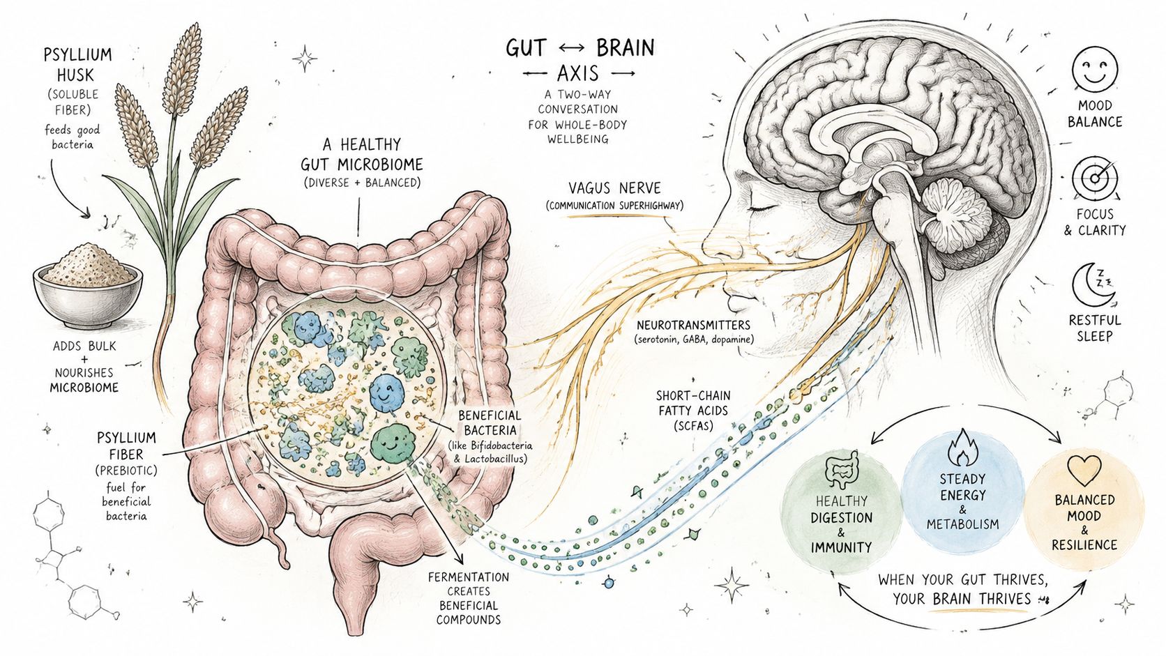 An illustration showing how psyllium husk fiber supports the gut-brain axis for better health and digestion.
