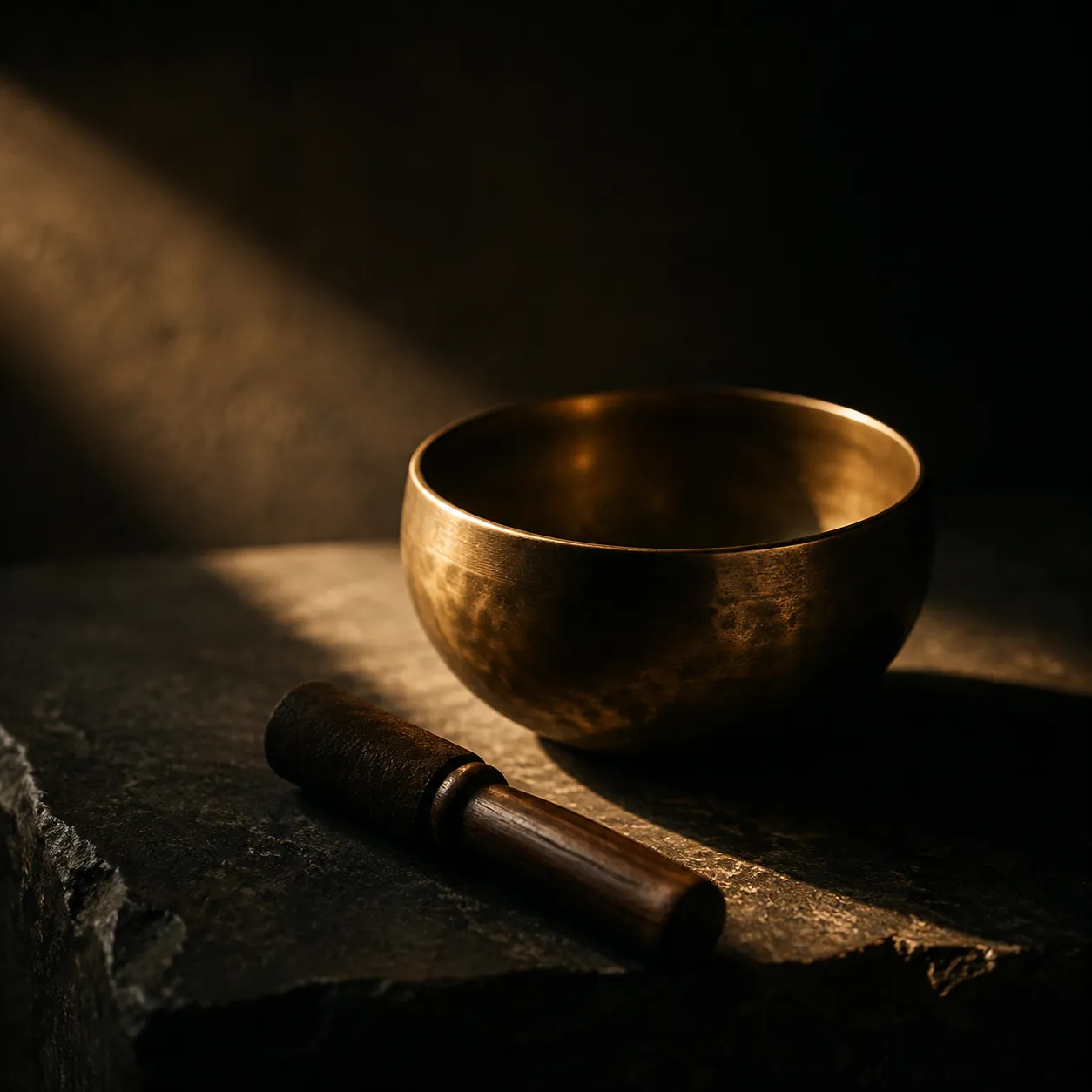 A brass singing bowl and mallet lit by a shaft of light