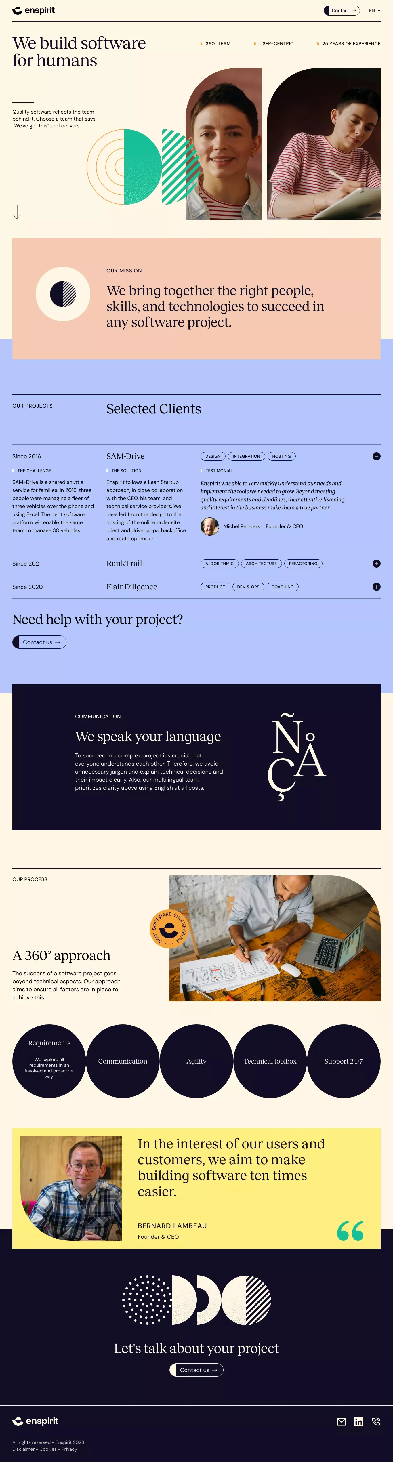 Enspirit landing page screenshot showcasing Design and Tech design