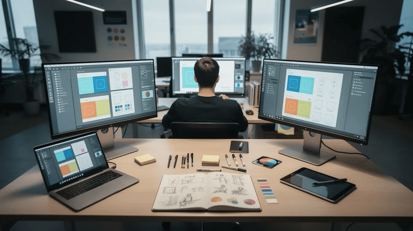 The image features a designer working diligently at a modern desk, surrounded by multiple screens and various design tools, embodying the essence of a leading web design agency. The workspace reflects a focus on creative web design and digital strategy, showcasing an environment conducive to developing high-performance websites.